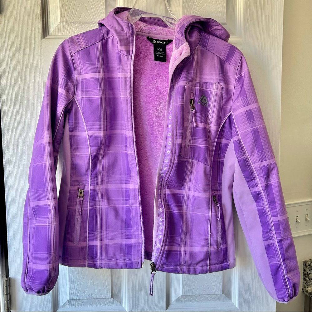 Girls SNOZU Fleece-lined Winter Hooded Coat/Jacket. Purple Plaid Sz L 14/16